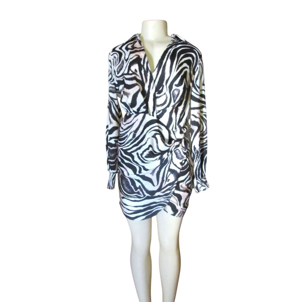 Anthropologie Black & White Zebra Print Mini Dress Faux Wrap Size 8